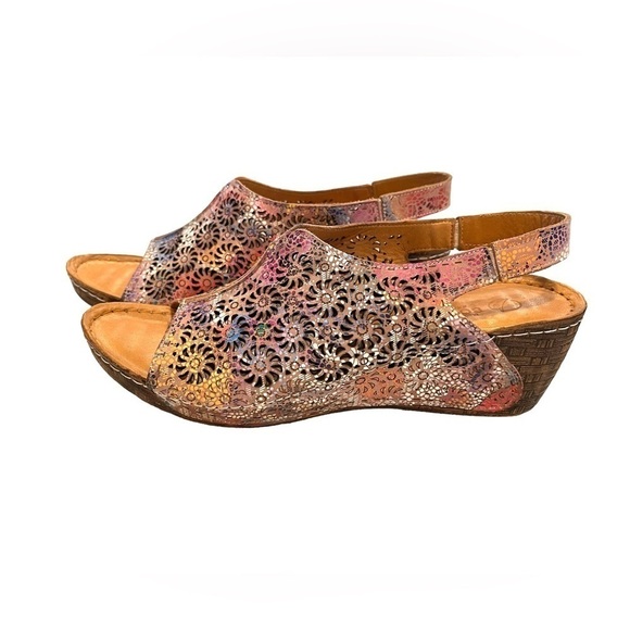 BONAVI Genuine Leather Lace Cutout Slingback Wedge Open Toe Sandals - Picture 4 of 10